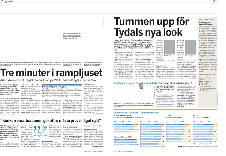 Tre minuter i rampljuset Tre minuter i rampljuset inför en jury. Under två dagar sökte SJ nya tågvärdar för timanställning genom audition på Wallmans salonger.