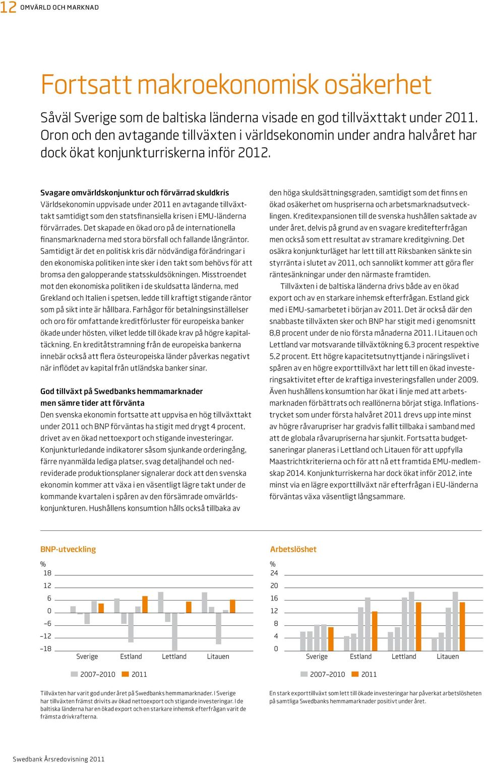 Svagare omvärldskonjunktur och förvärrad skuldkris Världsekonomin uppvisade under 2011 en avtagande tillväxttakt samtidigt som den statsfinansiella krisen i EMU-länderna förvärrades.