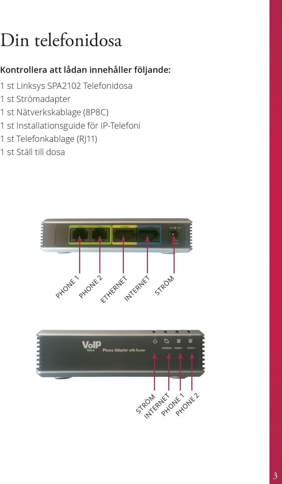 Installationsguide för IP-Telefoni 1 st Telefonkablage (RJ11) 1 st Ställ