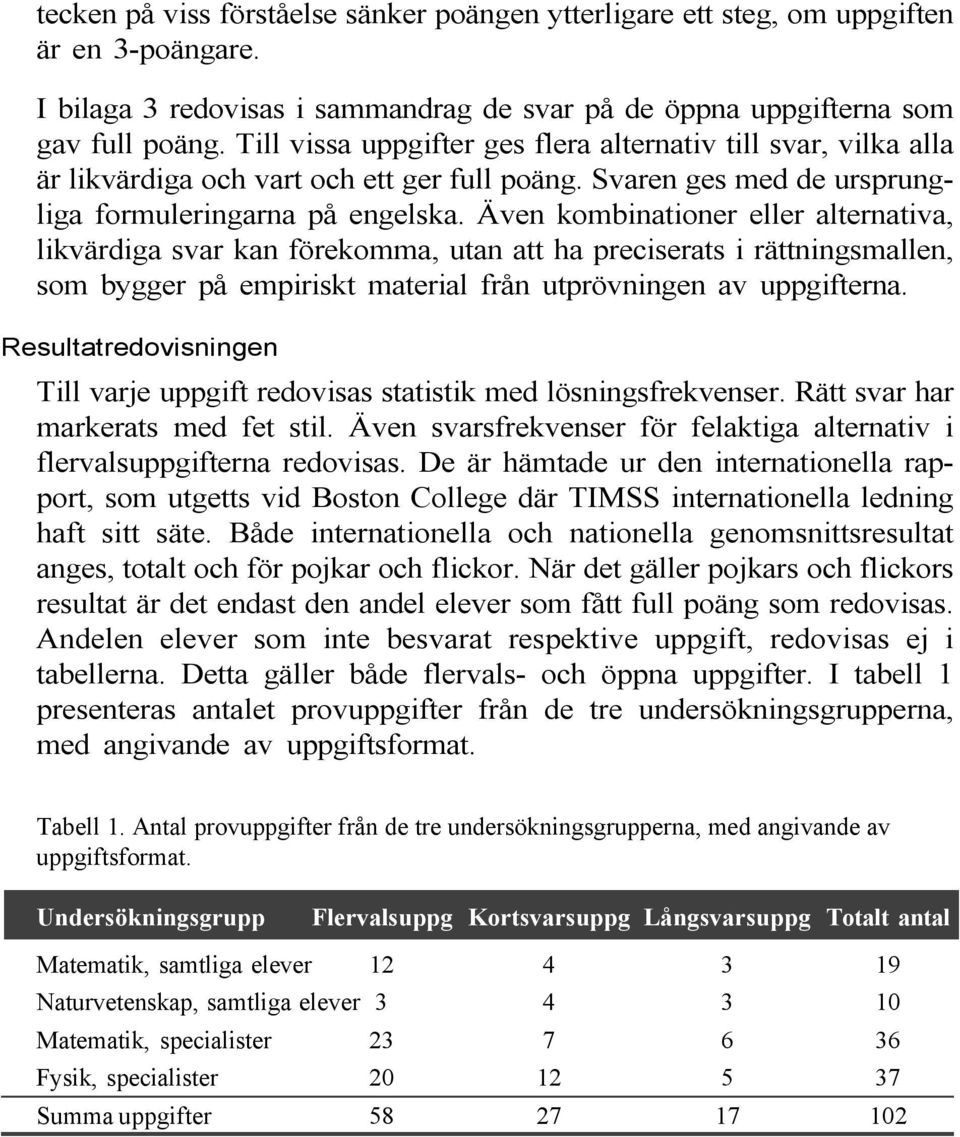 Även kombinationer eller alternativa, likvärdiga svar kan förekomma, utan att ha preciserats i rättningsmallen, som bygger på empiriskt material från utprövningen av uppgifterna.