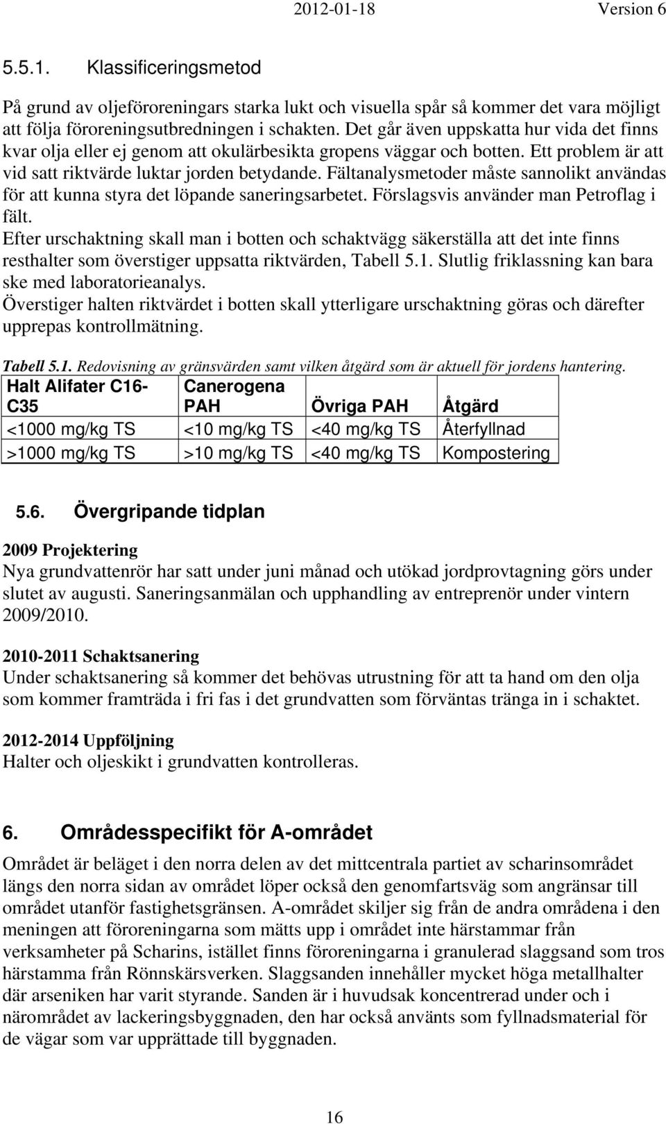 Fältanalysmetoder måste sannolikt användas för att kunna styra det löpande saneringsarbetet. Förslagsvis använder man Petroflag i fält.