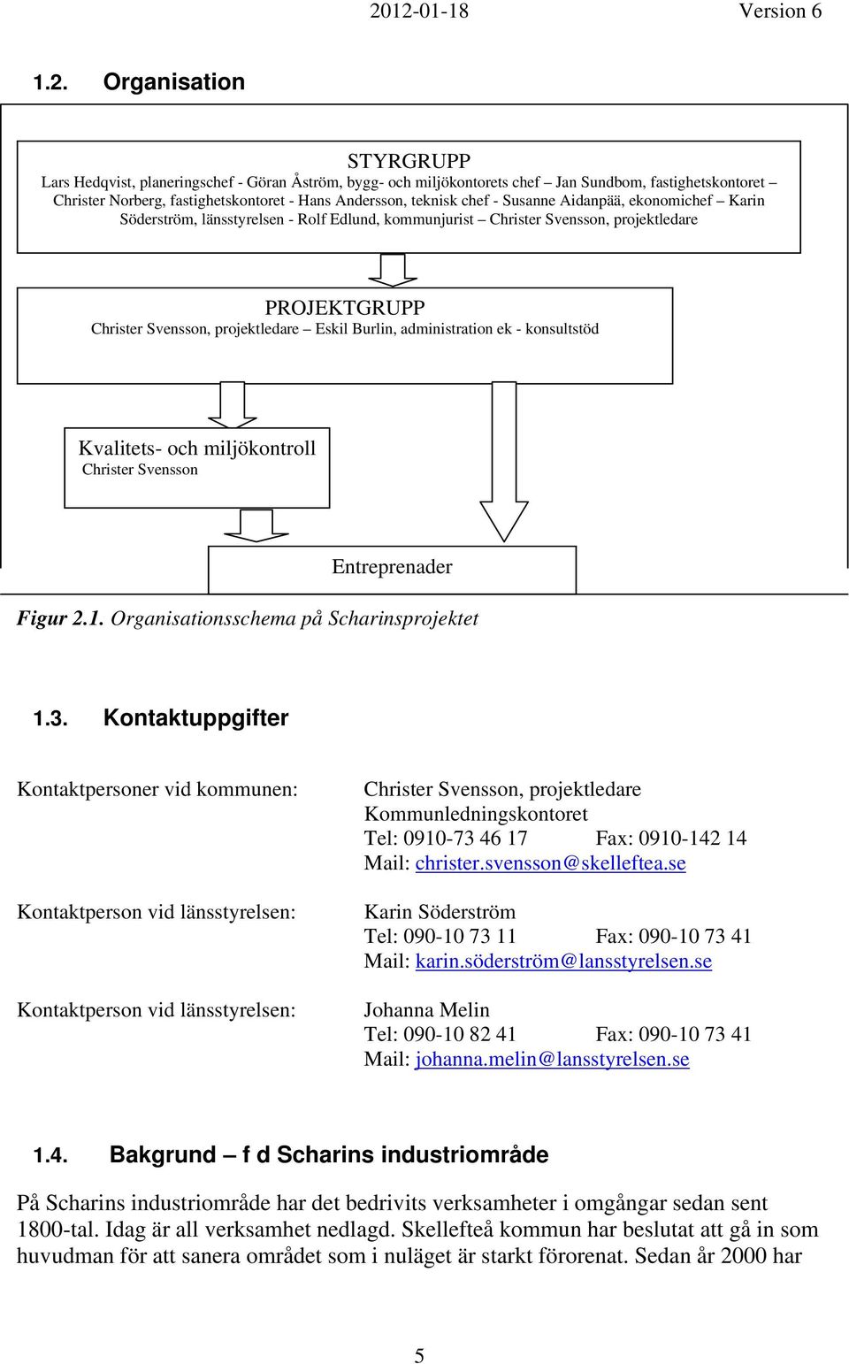 administration ek - konsultstöd Kvalitets- och miljökontroll Christer Svensson Entreprenader Figur 2.1. Organisationsschema på Scharinsprojektet 1.3.