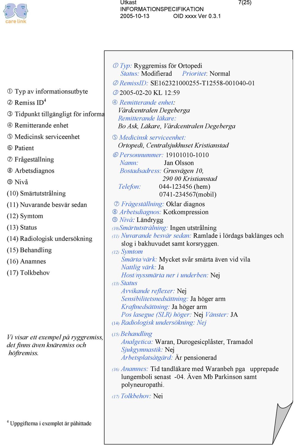 Patient Ortopedi, Centralsjukhuset Kristianstad Personnummer: 19101010-1010 Frågeställning Namn: Jan Olsson Arbetsdiagnos Bostadsadress: Grusvägen 10, 9 Nivå 290 00 Kristianstad Telefon: 044-123456