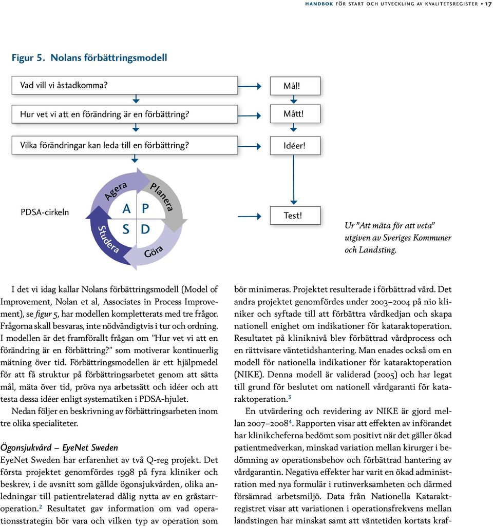 I det vi idag kallar Nolans förbättringsmodell (Model of Improvement, Nolan et al, Associates in Process Improvement), se figur 5, har modellen kompletterats med tre frågor.