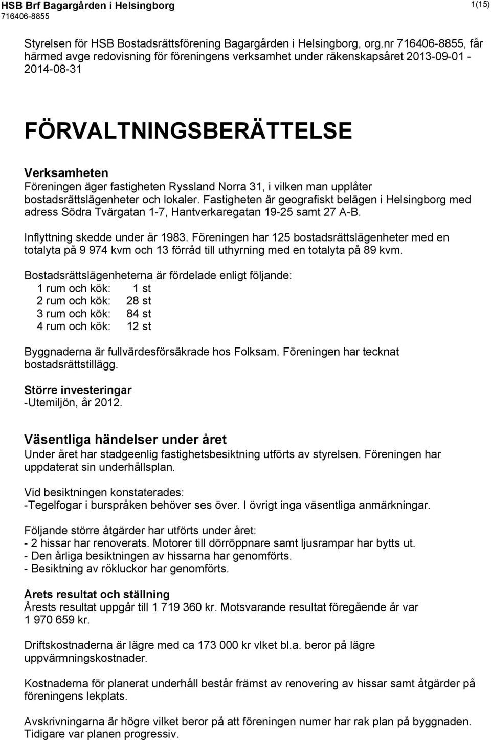 upplåter bostadsrättslägenheter och lokaler. Fastigheten är geografiskt belägen i Helsingborg med adress Södra Tvärgatan 1-7, Hantverkaregatan 19-25 samt 27 A-B. Inflyttning skedde under år 1983.