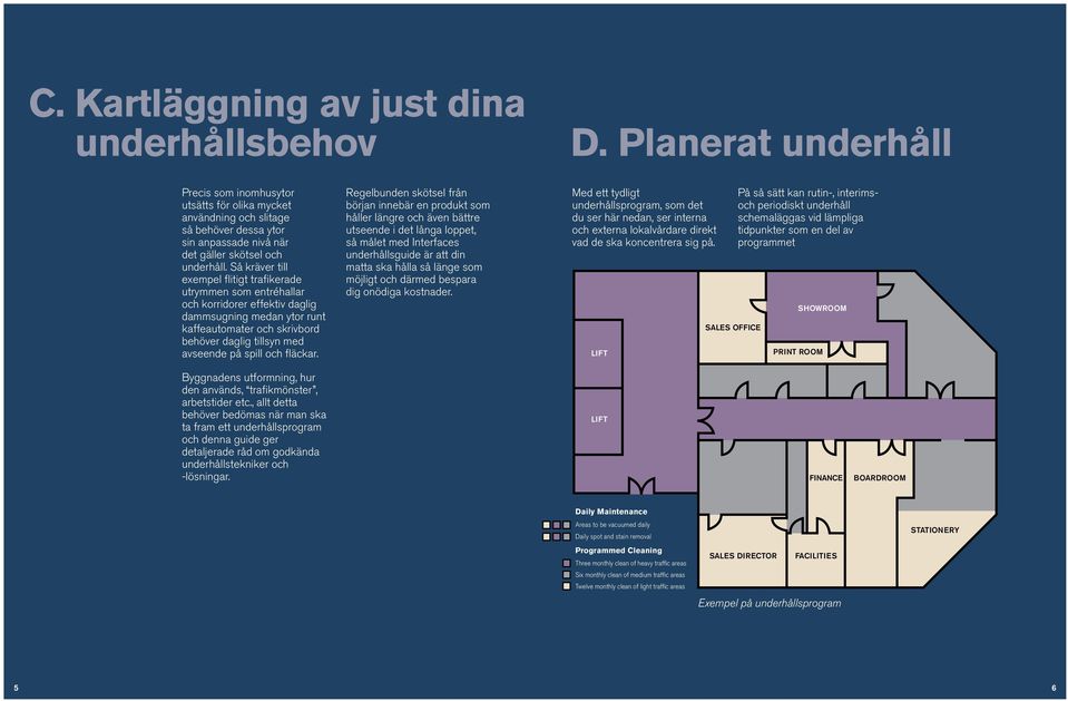 Så kräver till exempel flitigt trafikerade utrymmen som entréhallar och korridorer effektiv daglig dammsugning medan ytor runt kaffeautomater och skrivbord behöver daglig tillsyn med avseende på