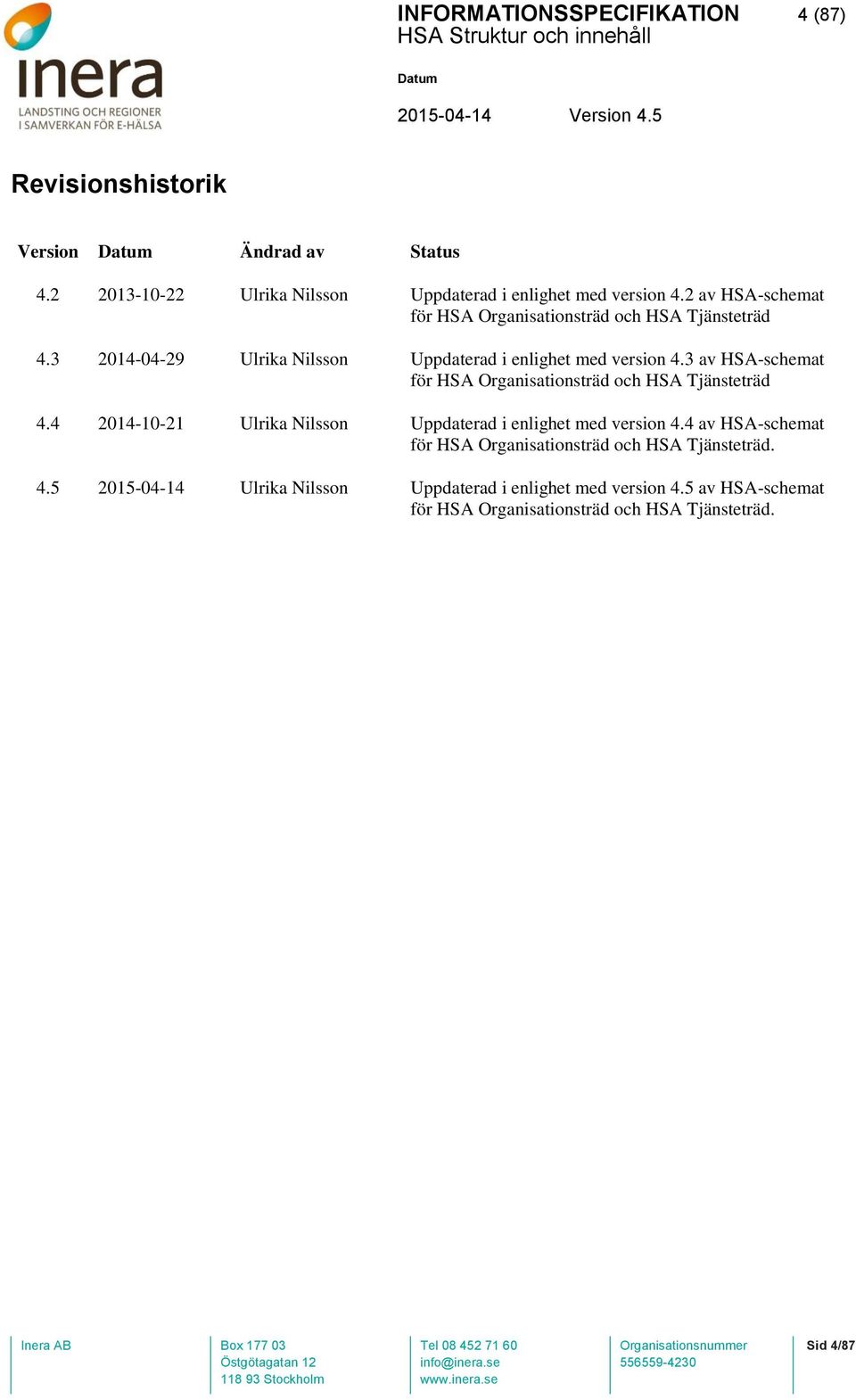 3 av HSA-schemat för HSA Organisationsträd och HSA Tjänsteträd 4.4 2014-10-21 Ulrika Nilsson Uppdaterad i enlighet med version 4.