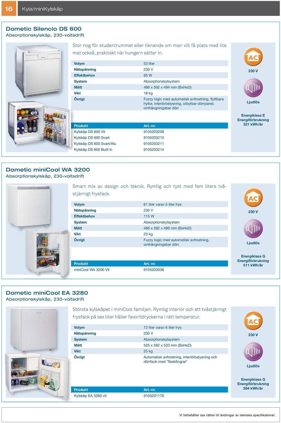 Ljudlös Kylskåp DS 600 Vit 9105203208 Kylskåp DS 600 Svart 9105203210 Kylskåp DS 600 Svart/Alu 9105203211 Kylskåp DS 600 Built In 9105203214 Energiklass E 321 kwh/år Dometic minicool WA 3200