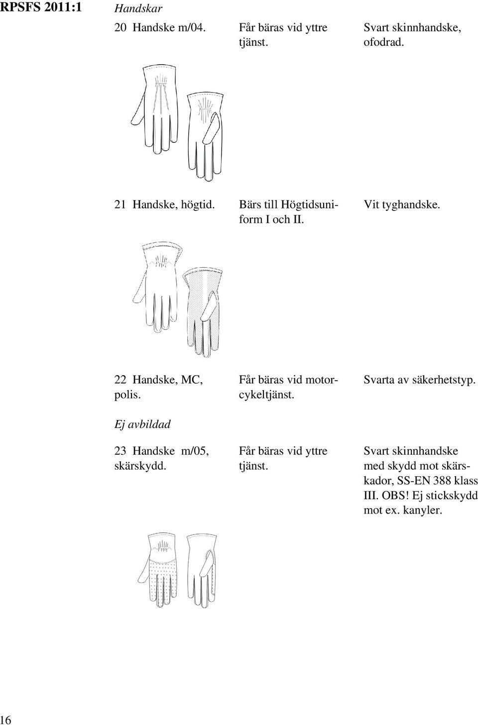 Ej avbildad 23 Handske m/05, skärskydd. Får bäras vid motorcykeltjänst. Får bäras vid yttre tjänst.