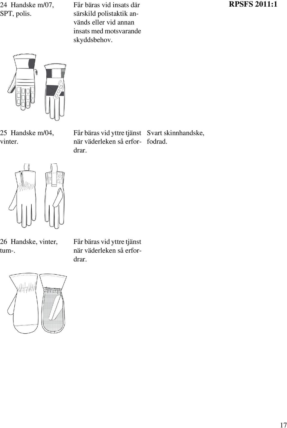 motsvarande skyddsbehov. RPSFS 2011:1 25 Handske m/04, vinter.