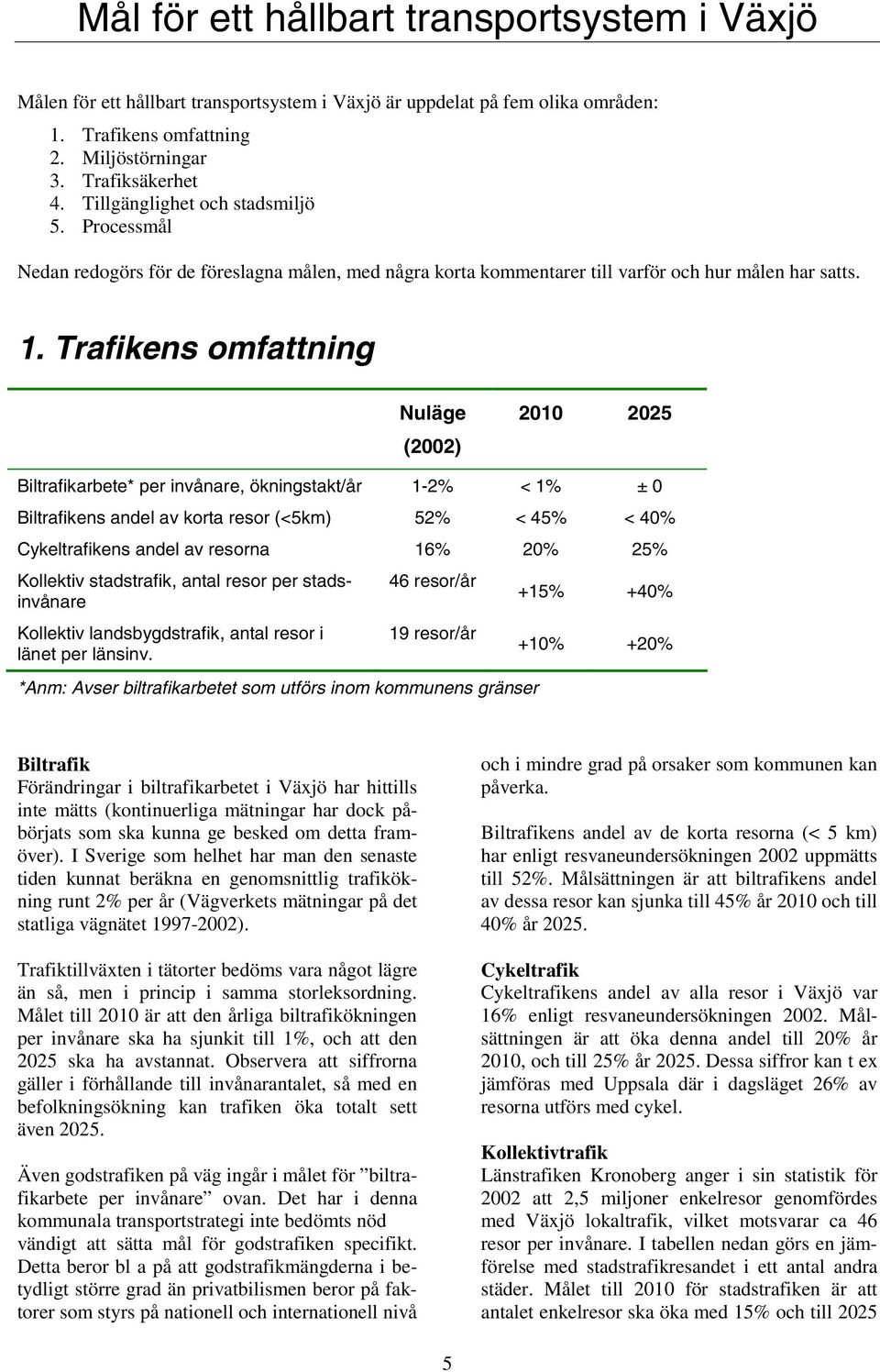 Trafikens omfattning Nuläge (22) 21 225 Biltrafikarbete* per invånare, ökningstakt/år 1-2% < 1% ± Biltrafikens andel av korta resor (<5km) 52% < 45% < 4% Cykeltrafikens andel av resorna 16% 2% 25%