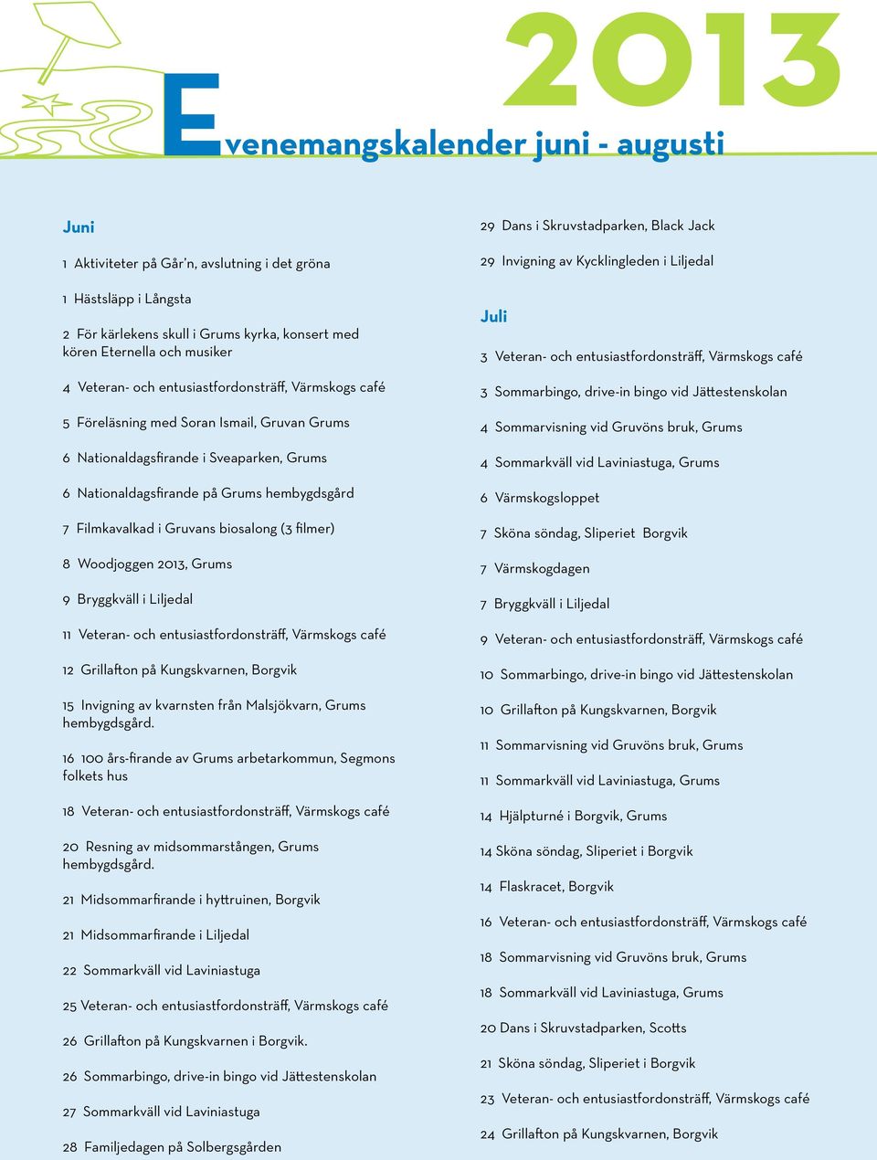 Sveaparken, Grums 6 Nationaldagsfirande på Grums hembygdsgård 7 Filmkavalkad i Gruvans biosalong (3 filmer) 8 Woodjoggen 2013, Grums 9 Bryggkväll i Liljedal 11 Veteran- och entusiastfordonsträff,