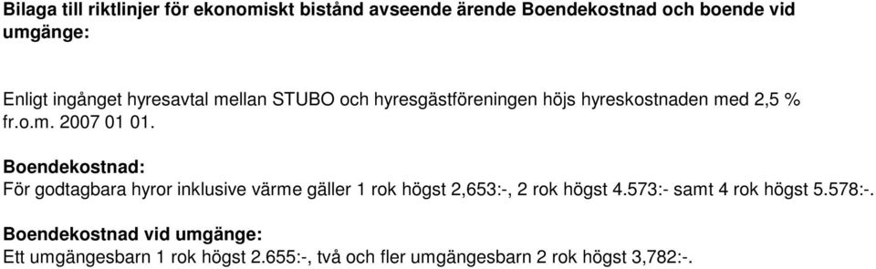 Boendekostnad: För godtagbara hyror inklusive värme gäller 1 rok högst 2,653:-, 2 rok högst 4.