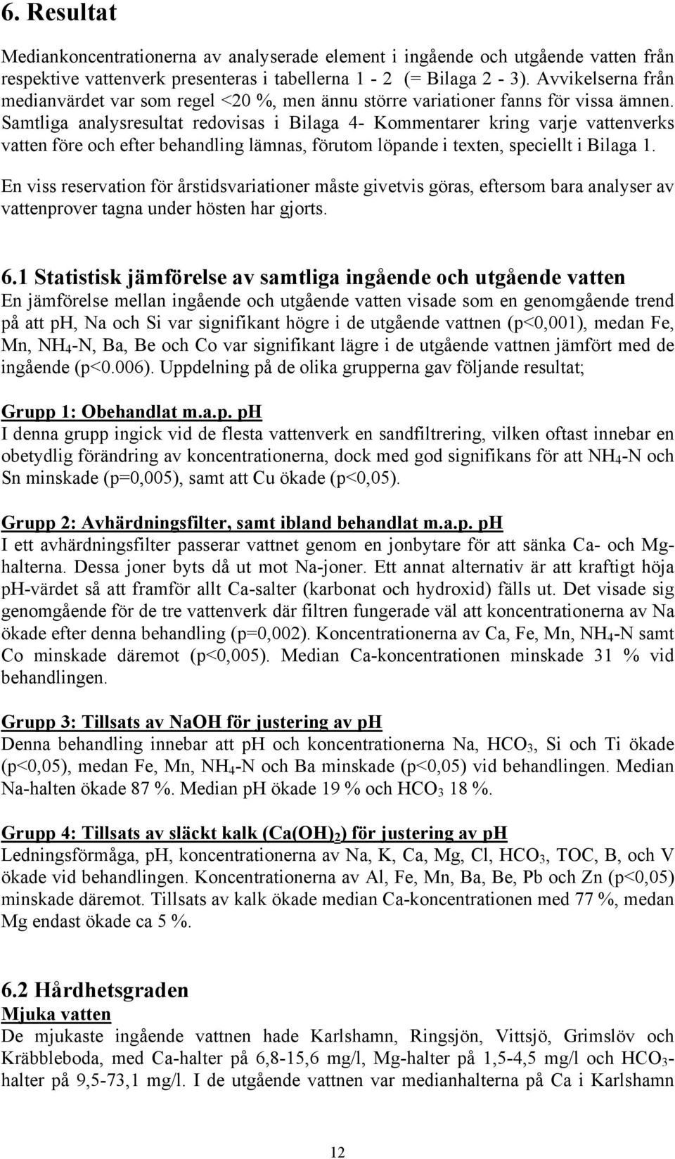 Samtliga analysresultat redovisas i Bilaga 4- Kommentarer kring varje vattenverks vatten före och efter behandling lämnas, förutom löpande i texten, speciellt i Bilaga 1.