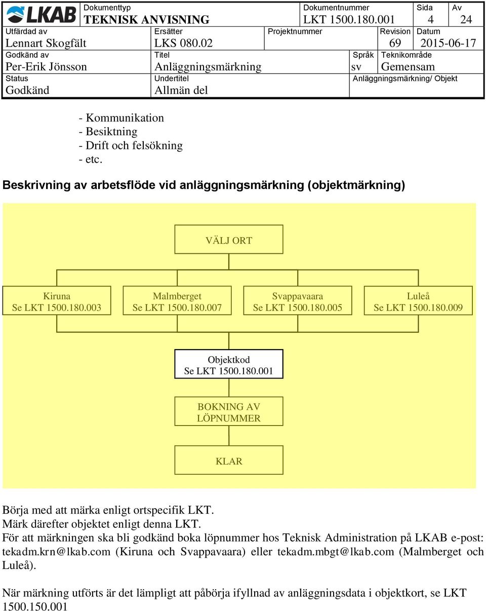 180.001 BOKNING AV LÖPNUMMER KLAR Börja med att märka enligt ortspecifik LKT. Märk därefter objektet enligt denna LKT.