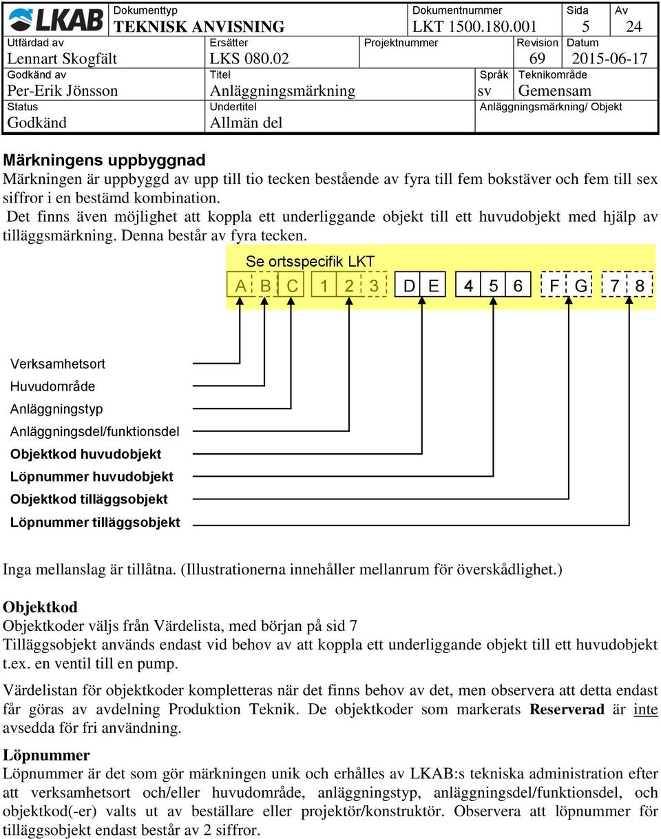 Det finns även möjlighet att koppla ett underliggande objekt till ett huvudobjekt med hjälp av tilläggsmärkning. Denna består av fyra tecken.