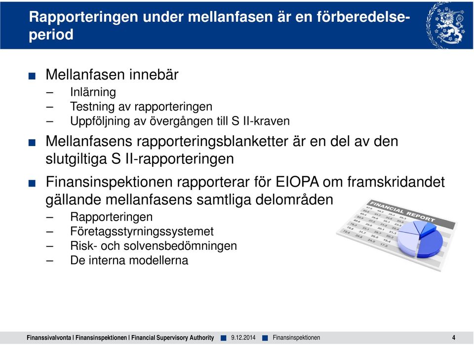 den slutgiltiga S II-rapporteringen Finansinspektionen rapporterar för EIOPA om framskridandet gällande