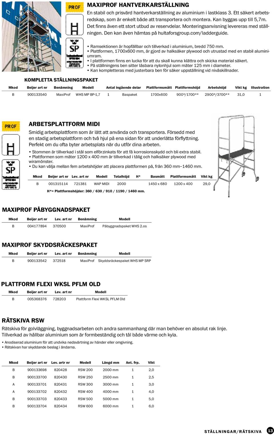 Kompletta ställningspaket Ramsektionen är hopfällbar och tillverkad i aluminium, bredd 750 mm. Plattformen, 1700x600 mm, är gjord av halksäker plywood och utrustad med en stabil aluminiumram.