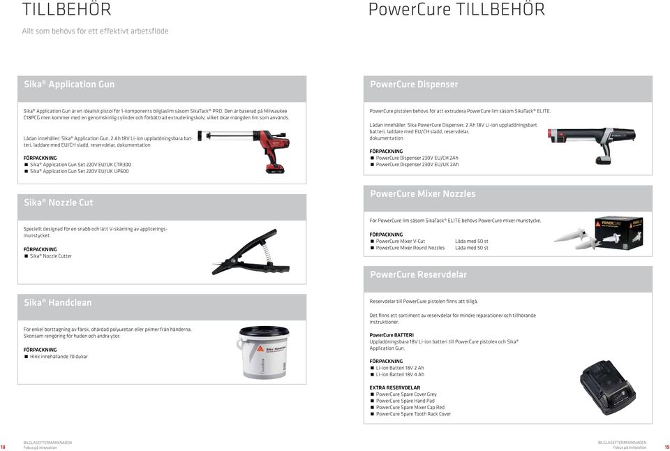 Lådan innehåller: Sika Application Gun, 2 Ah 18V Li-ion uppladdningsbara batteri, laddare med EU/CH sladd, reservdelar, dokumentation Sika Application Gun Set 220V EU/UK CTR300 Sika Application Gun