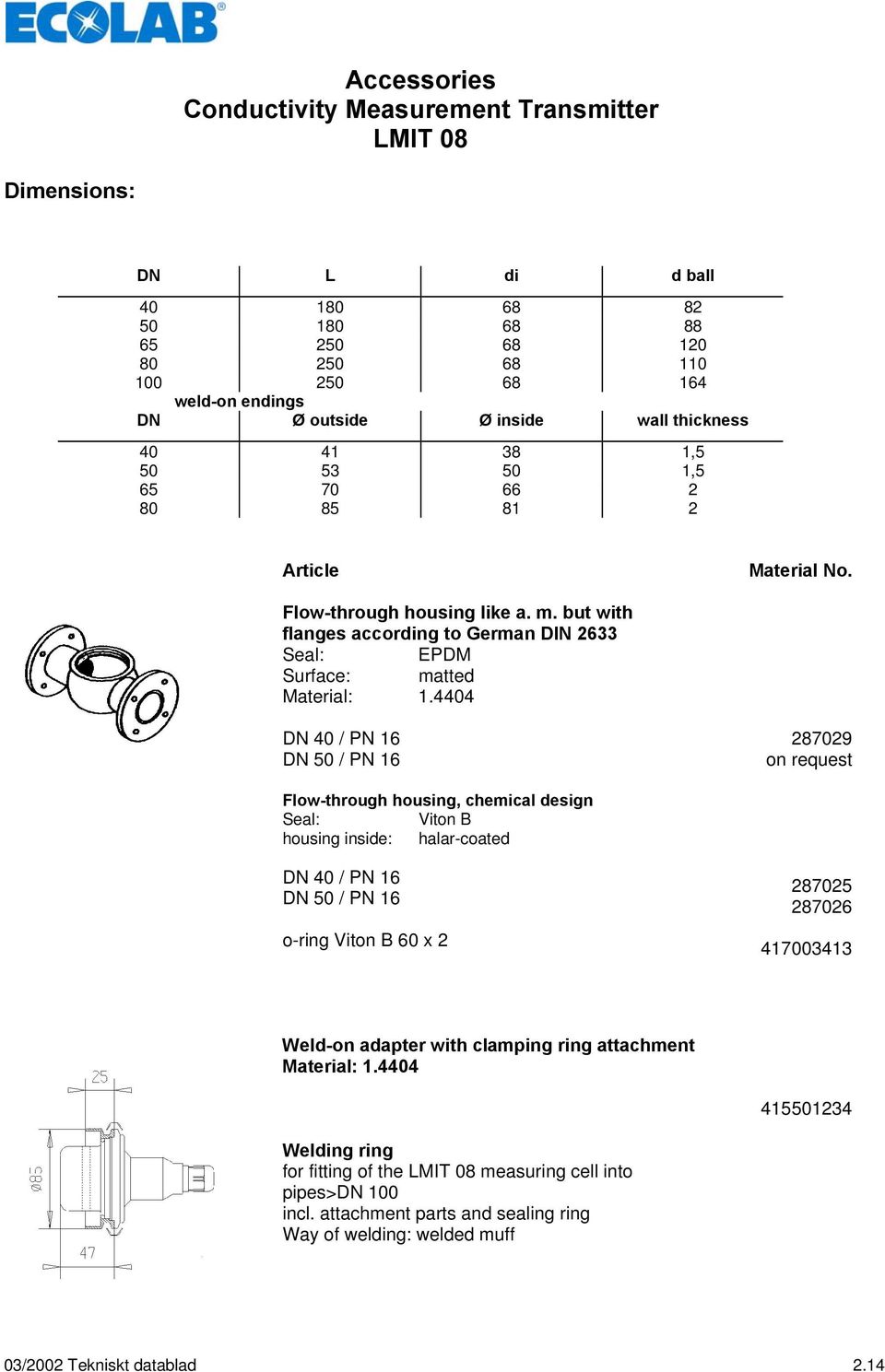 4404 DN 40 / PN 16 DN 50 / PN 16 287029 on request Flow-through housing, chemical design Seal: Viton B housing inside: halar-coated DN 40 / PN 16 DN 50 / PN 16 o-ring Viton B 60 x 2 287025 287026