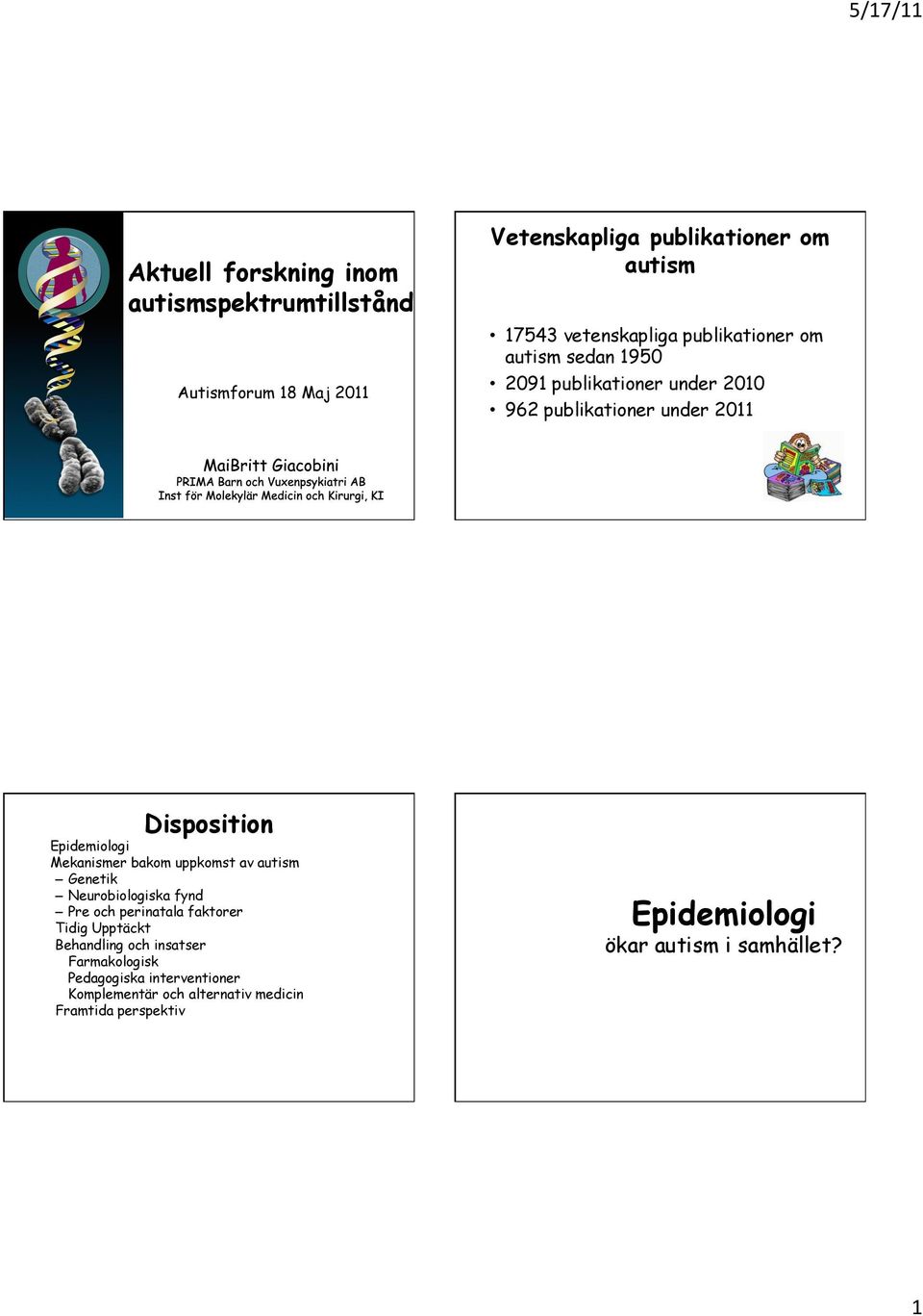 Epidemiologi Mekanismer bakom uppkomst av autism Genetik Neurobiologiska fynd Pre och perinatala faktorer Tidig Upptäckt