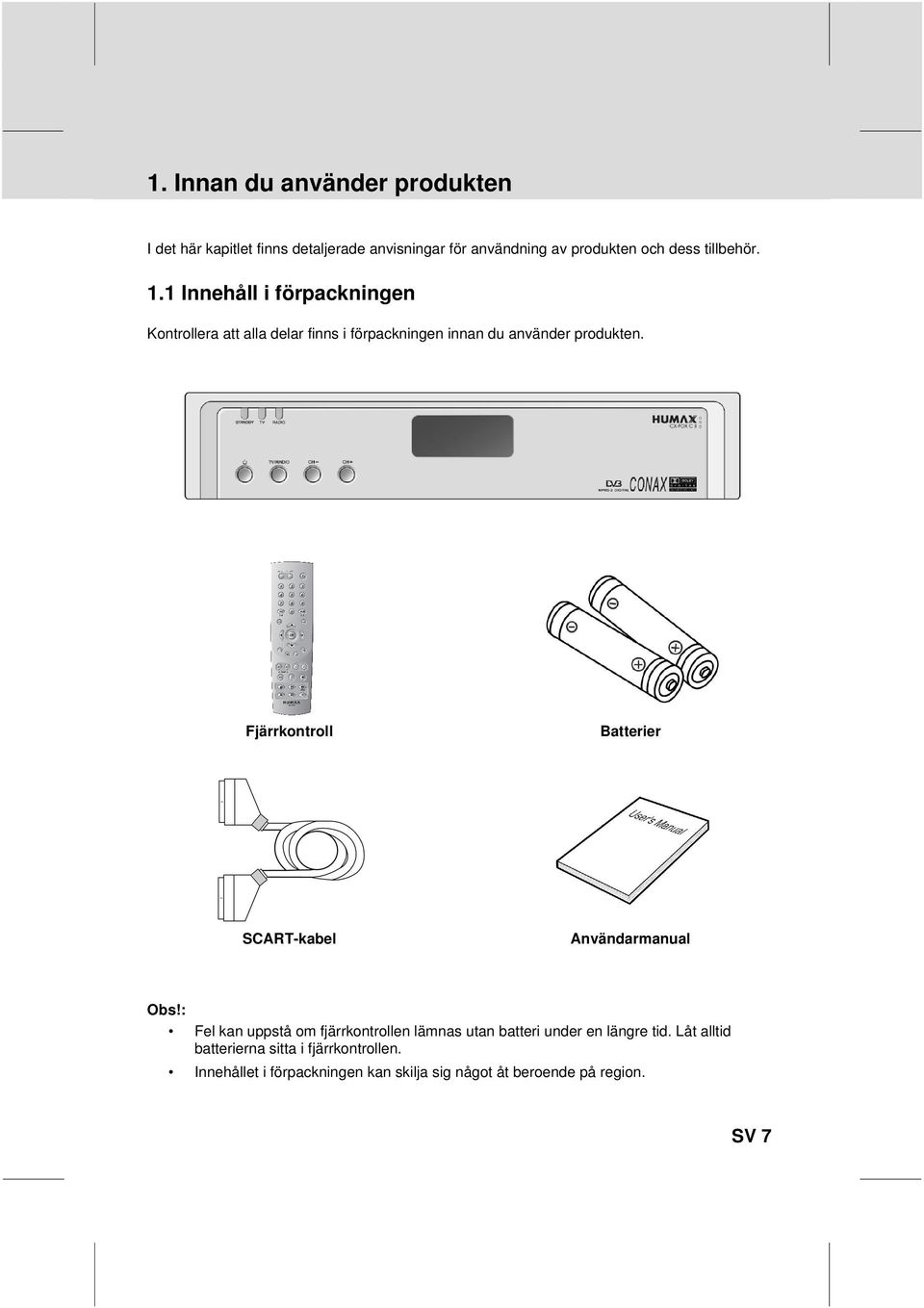 produkten Fjärrkontroll Batterier SCART-kabel Användarmanual Obs!