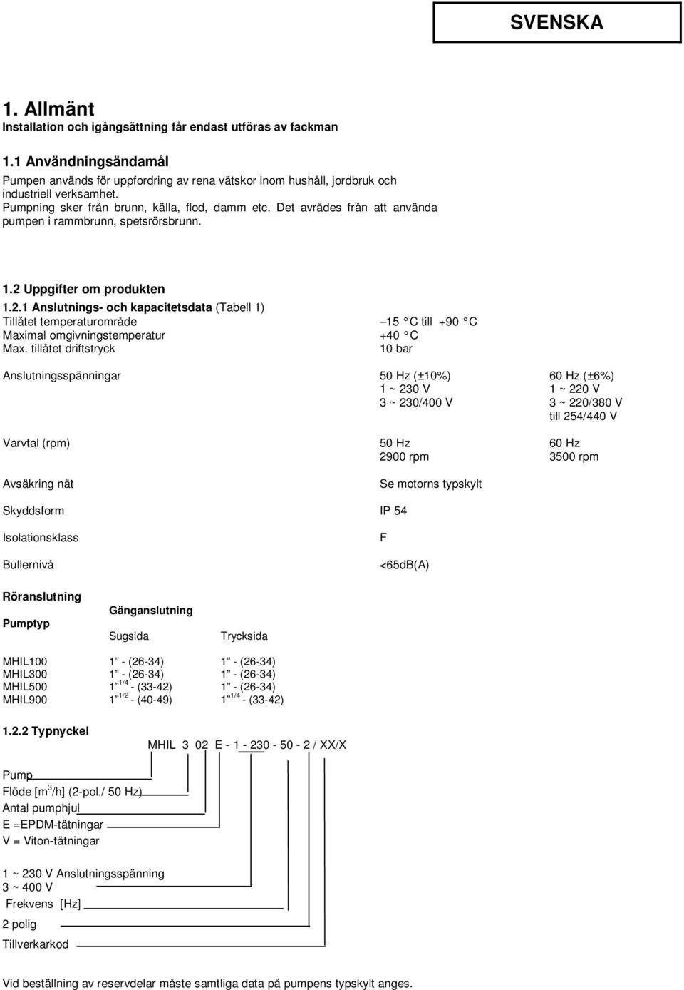 Uppgifter om produkten 1.2.1 Anslutnings- och kapacitetsdata (Tabell 1) Tillåtet temperaturområde 15 C till +90 C Maximal omgivningstemperatur +40 C Max.