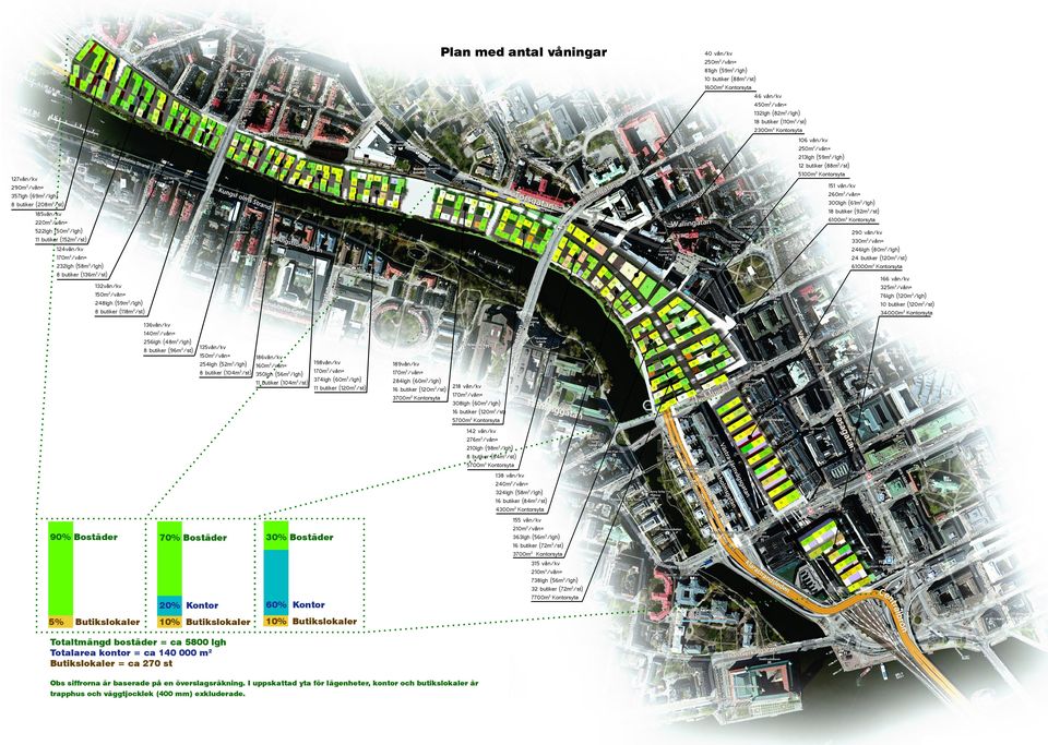 1vån/kv 10m2/vån= 2lgh (0m2/lgh) butiker (0m2/st) 21 vån/kv 10m2/vån= 00m2 Kontorsyta 0lgh (0m2/lgh) butiker (0m2/st) 500m2 Kontorsyta Totaltmängd bostäder = ca 500 lgh Totalarea kontor = ca 0 000 m2