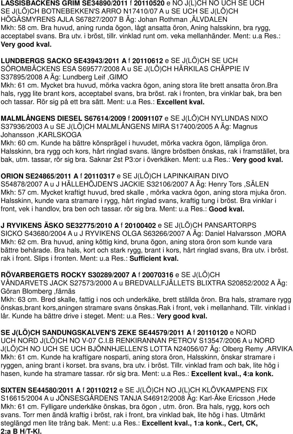 LUNDBERGS SACKO SE43943/2011 A f 20110612 e SE J(LÖ)CH SE UCH SÖROMBÄCKENS ESA S69577/2008 A u SE J(LÖ)CH HÄRKILAS CHÄPPIE IV S37895/2008 A Äg: Lundberg Leif,GIMO Mkh: 61 cm.