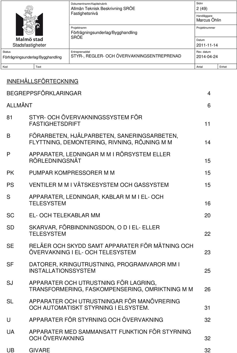 LEDNINGAR, KABLAR M M I EL- OCH TELESYSTEM 16 SC EL- OCH TELEKABLAR MM 20 SD SE SF SJ SL SKARVAR, FÖRBINDNINGSDON, O D I EL- ELLER TELESYSTEM 22 RELÄER OCH SKYDD SAMT APPARATER FÖR MÄTNING OCH