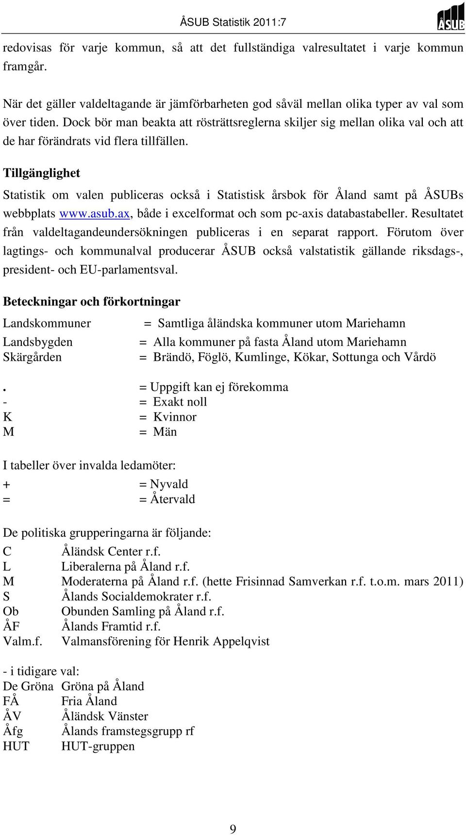 Tillgänglighet Statistik om valen publiceras också i Statistisk årsbok för Åland samt på ÅSUBs webbplats www.asub.ax, både i excelformat och som pc-axis databastabeller.