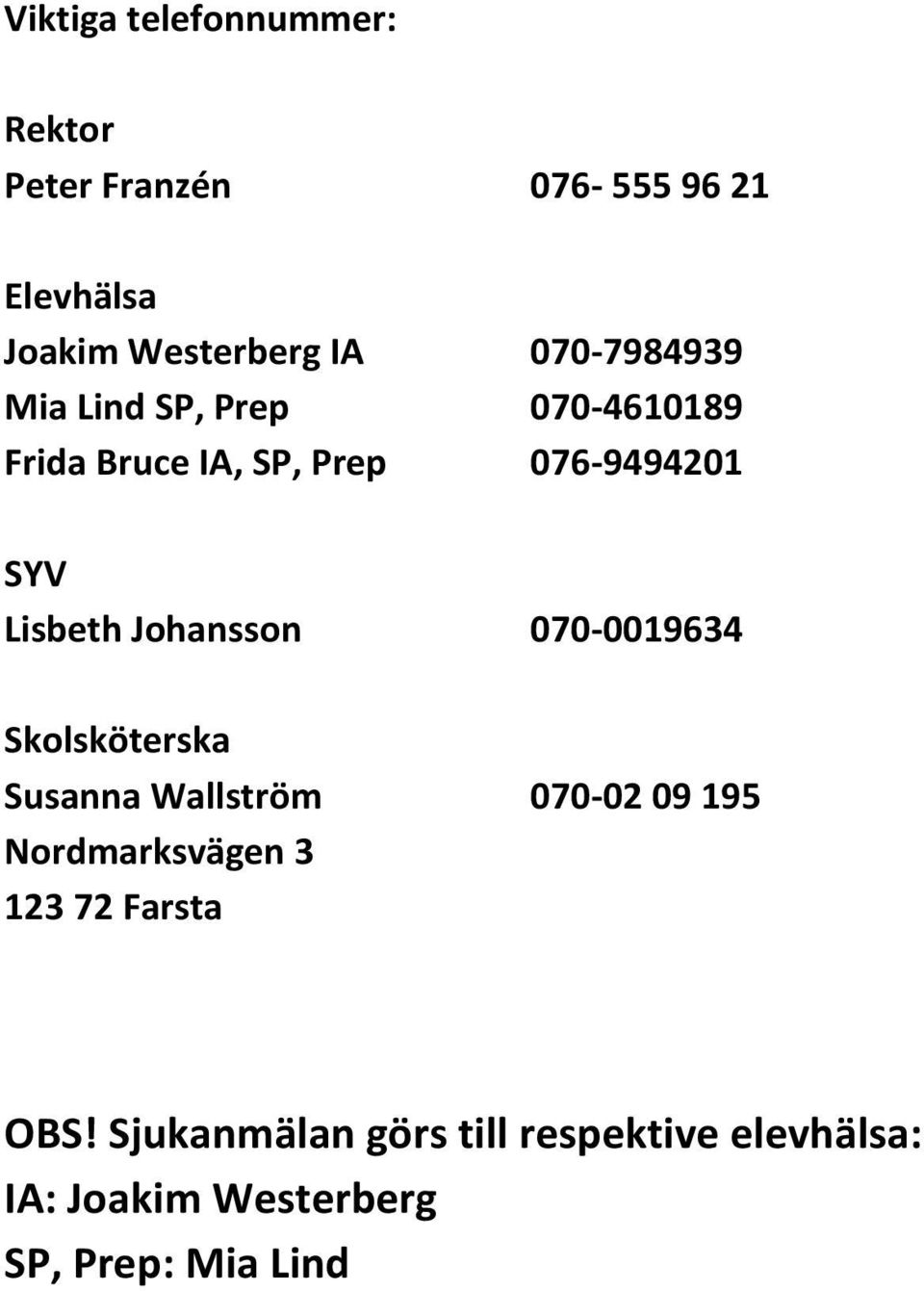 Johansson 070-0019634 Skolsköterska Susanna Wallström 070-02 09 195 Nordmarksvägen 3 123 72