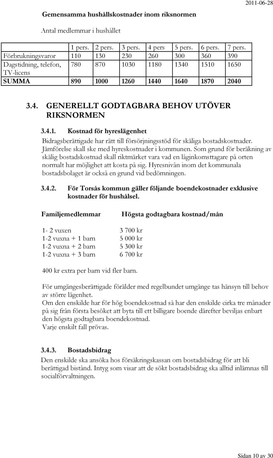 4.1. Kostnad för hyreslägenhet Bidragsberättigade har rätt till försörjningsstöd för skäliga bostadskostnader. Jämförelse skall ske med hyreskostnader i kommunen.