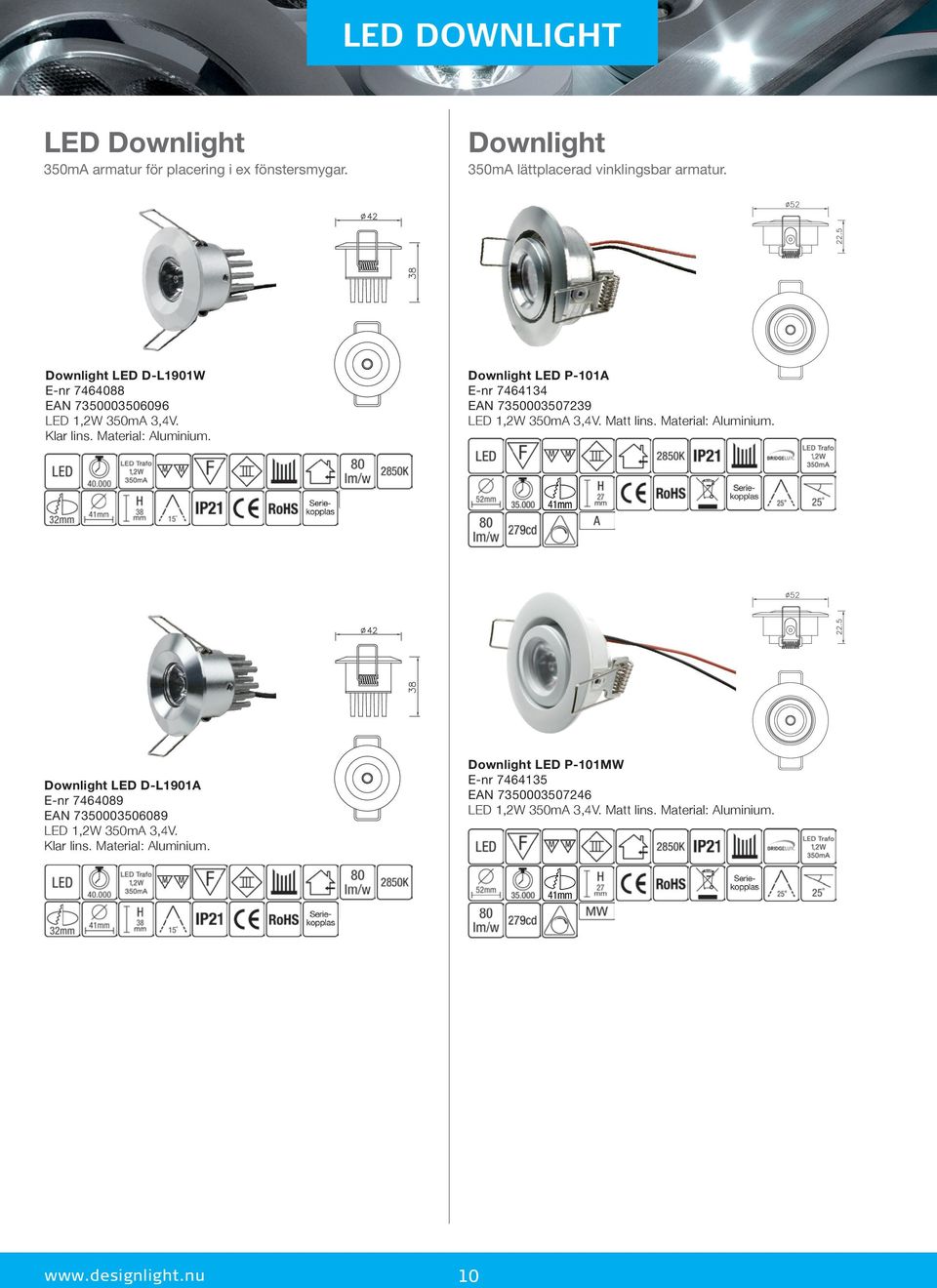 Downlight LED P-101A E-nr 7464134 EAN 7350003507239 LED 1,2W 350mA 3,4V. Matt lins. Material: Aluminium.