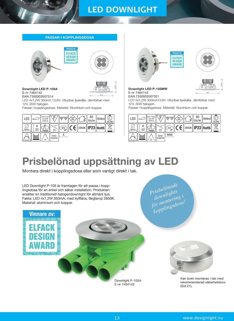 Material: Aluminium och koppar. Prisbelönad uppsättning av LED Montera direkt i kopplingsdosa eller som vanligt direkt i tak.