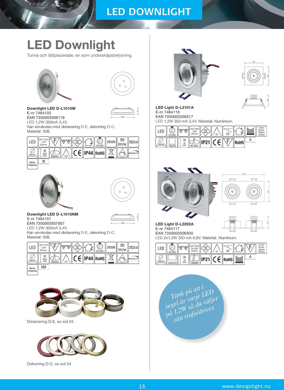 000 Downlight LED D-L1015NM E-nr 7464157 EAN 7350003507567 LED 1,2W 350mA 3,4V. Kan användas med distansring D-E, dekorring D-C. Material: Stål.