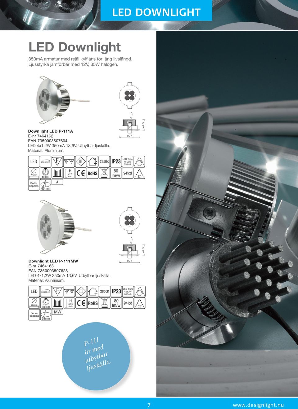 Downlight LED P-111A E-nr 7464162 EAN 7350003507604 LED 4x1,2W 350mA 13,6V. Utbytbar ljuskälla.