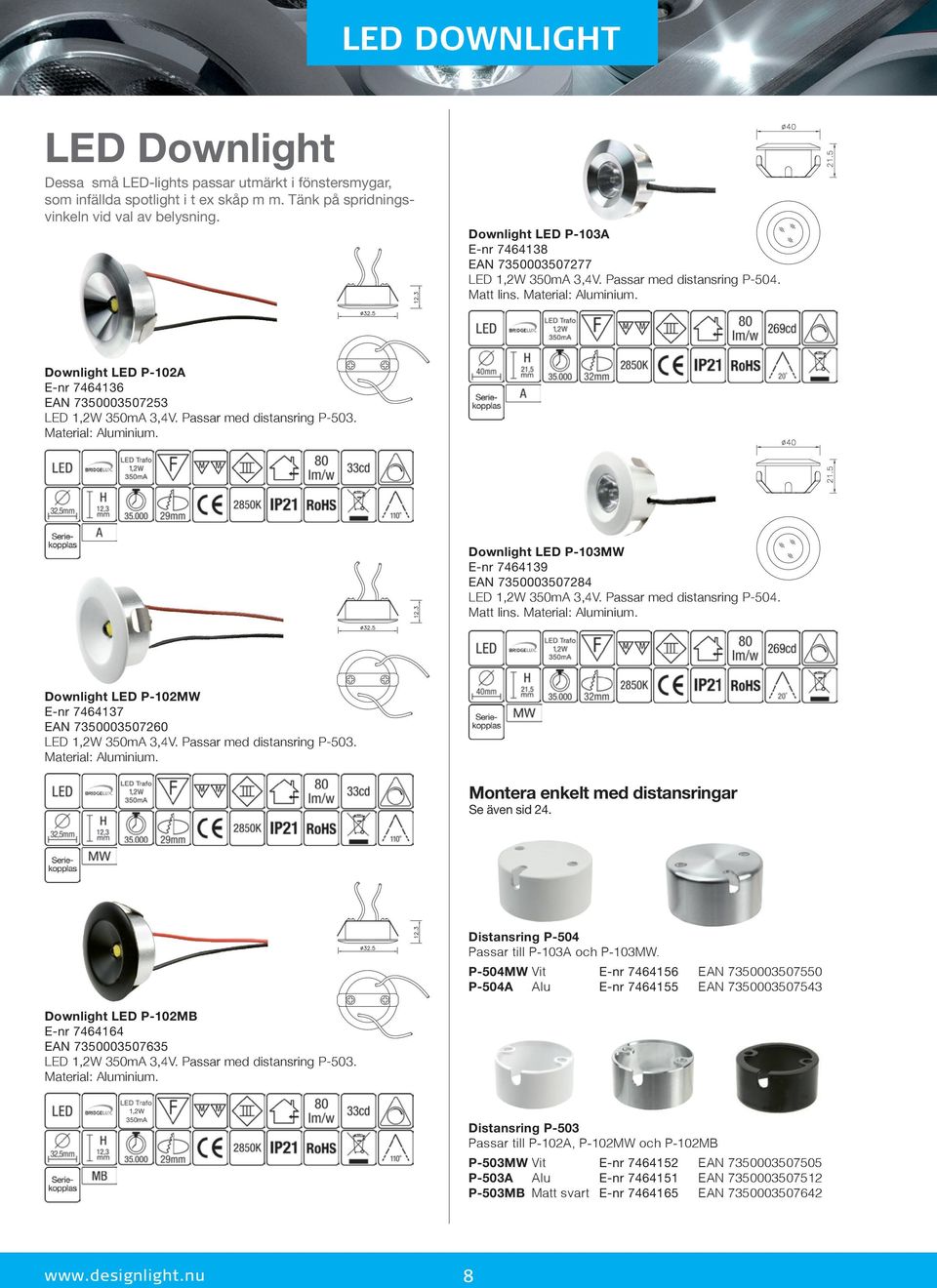 Downlight LED P-102A E-nr 7464136 EAN 7350003507253 LED 1,2W 350mA 3,4V. Passar med distansring P-503. Material: Aluminium. Downlight LED P-103MW E-nr 7464139 EAN 7350003507284 LED 1,2W 350mA 3,4V.