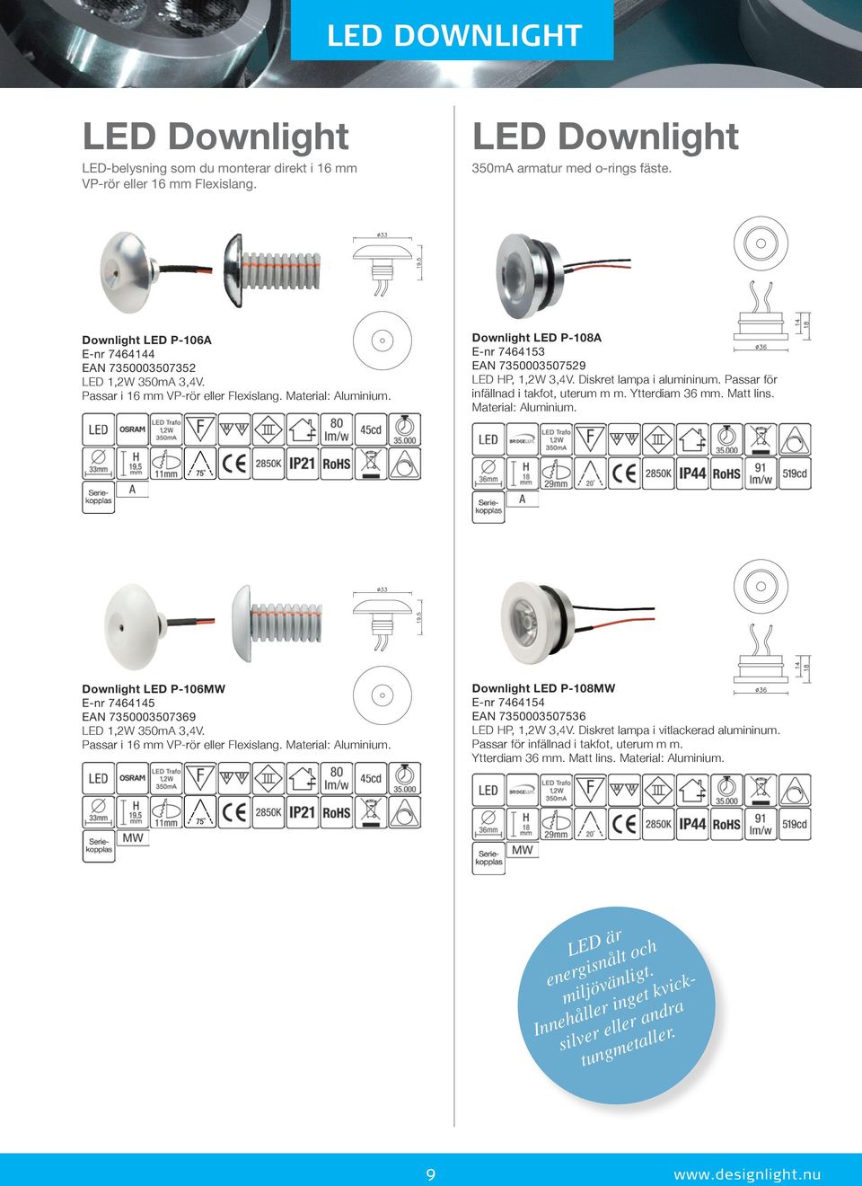 Downlight LED P-108A E-nr 7464153 EAN 7350003507529 LED HP, 1,2W 3,4V. Diskret lampa i alumininum. Passar för infällnad i takfot, uterum m m. Ytterdiam 36 mm. Matt lins. Material: Aluminium.