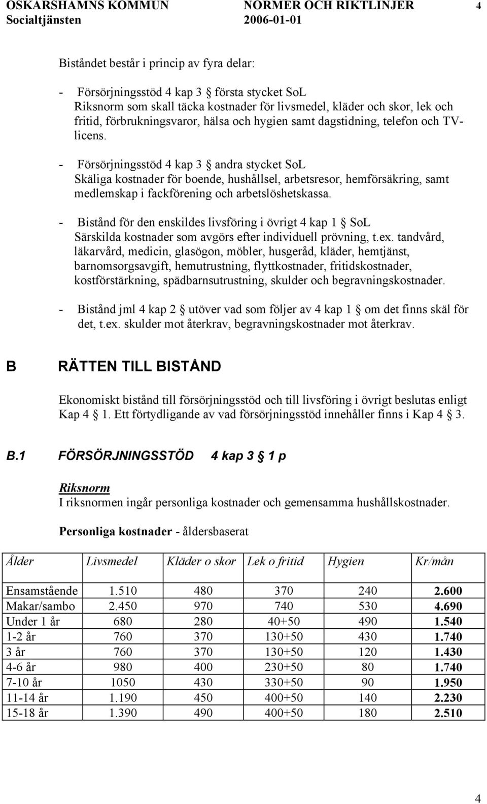 - Försörjningsstöd 4 kap 3 andra stycket SoL Skäliga kostnader för boende, hushållsel, arbetsresor, hemförsäkring, samt medlemskap i fackförening och arbetslöshetskassa.