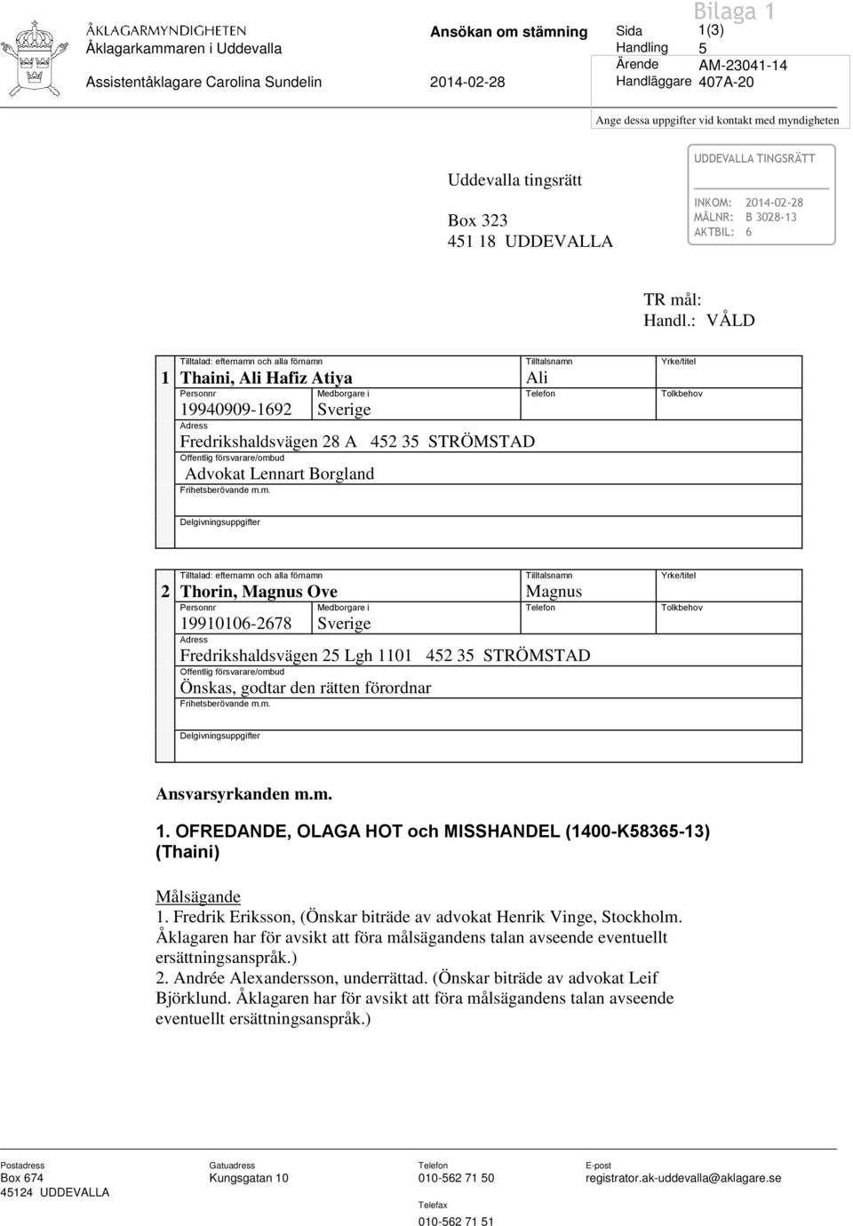 : VÅLD Tilltalad: efternamn och alla förnamn Tilltalsnamn Yrke/titel 1 Thaini, Ali Hafiz Atiya Ali Personnr Medborgare i Telefon Tolkbehov 19940909-1692 Sverige Adress Fredrikshaldsvägen 28 A 452 35