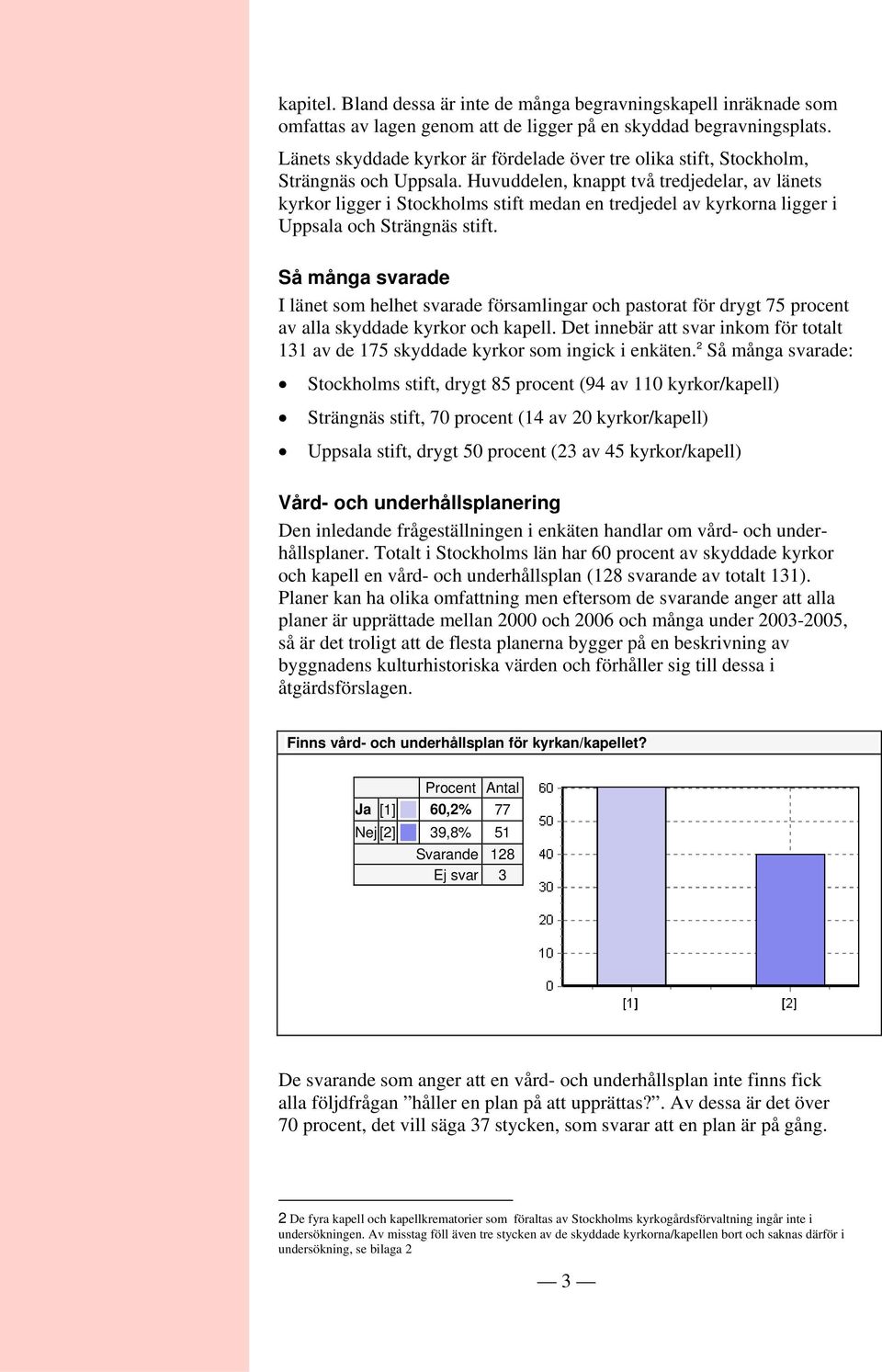 Huvuddelen, knappt två tredjedelar, av länets kyrkor ligger i Stockholms stift medan en tredjedel av kyrkorna ligger i Uppsala och Strängnäs stift.