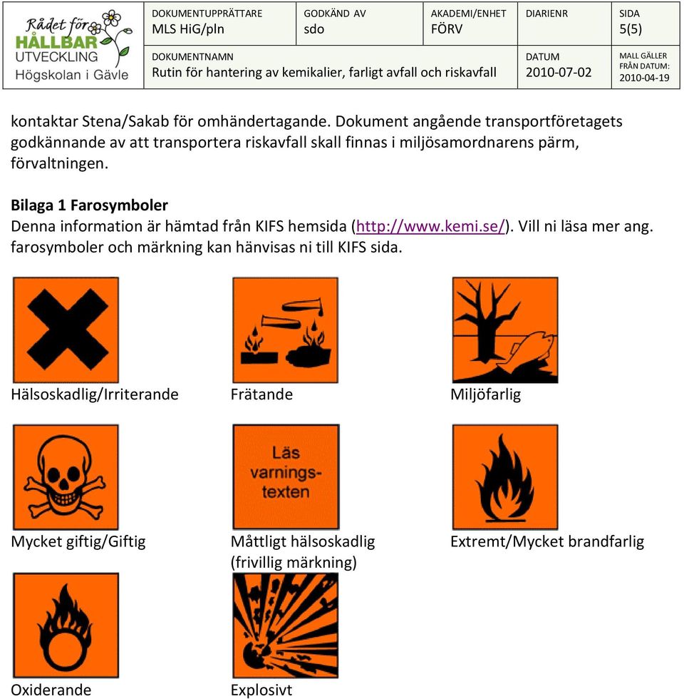 förvaltningen. Bilaga 1 Farosymboler Denna information är hämtad från KIFS hemsida (http://www.kemi.se/). Vill ni läsa mer ang.