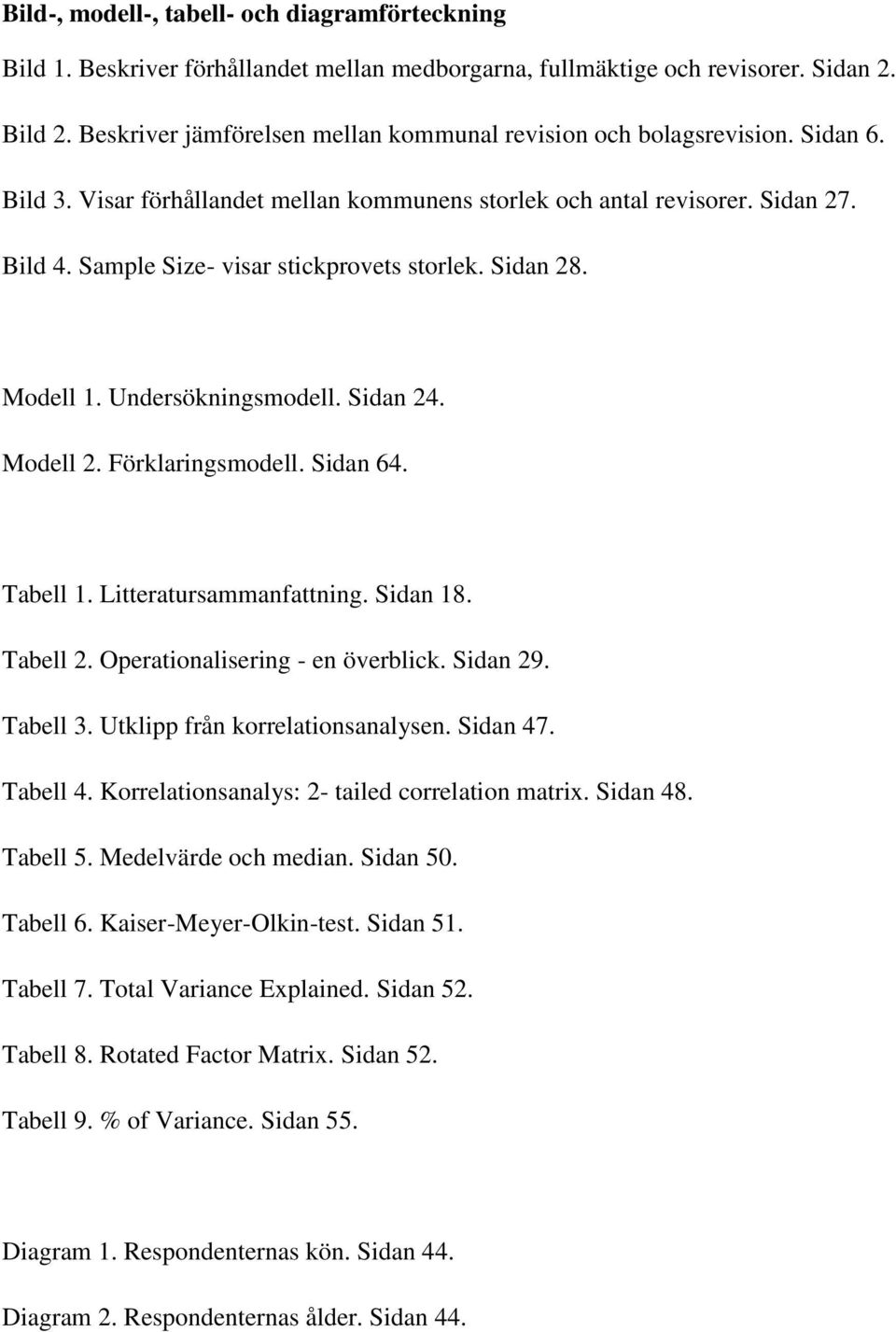 Sample Size- visar stickprovets storlek. Sidan 28. Modell 1. Undersökningsmodell. Sidan 24. Modell 2. Förklaringsmodell. Sidan 64. Tabell 1. Litteratursammanfattning. Sidan 18. Tabell 2.