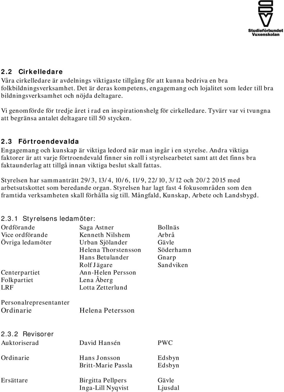 Tyvärr var vi tvungna att begränsa antalet deltagare till 50 stycken. 2.3 Förtroendevalda Engagemang och kunskap är viktiga ledord när man ingår i en styrelse.