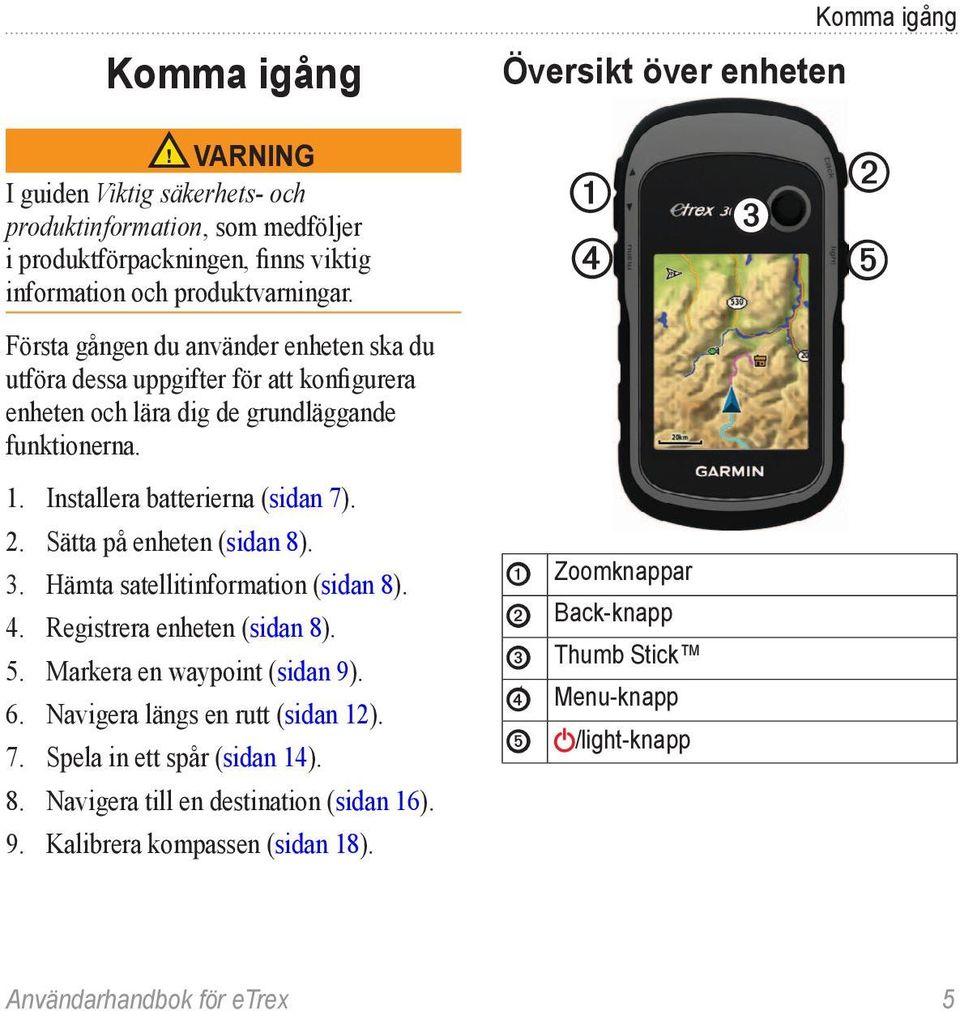 Sätta på enheten (sidan 8). 3. Hämta satellitinformation (sidan 8). 4. Registrera enheten (sidan 8). 5. Markera en waypoint (sidan 9). 6. Navigera längs en rutt (sidan 12). 7.