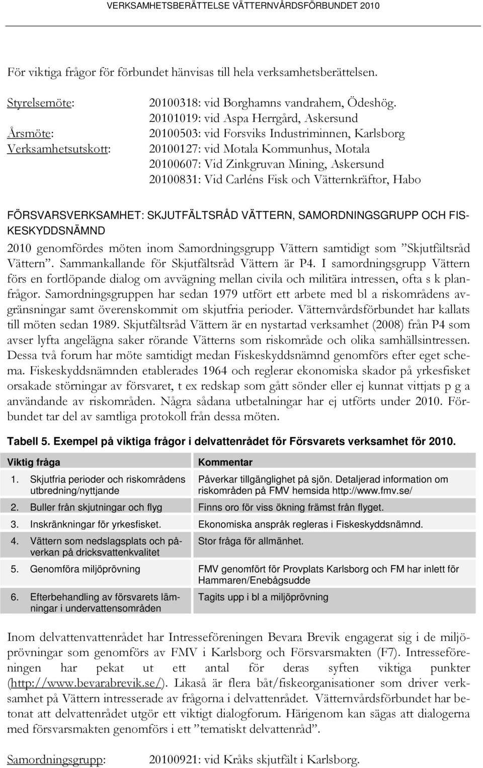 och Vätternkräftor, Habo FÖRSVARSVERKSAMHET: SKJUTFÄLTSRÅD VÄTTERN, SAMORDNINGSGRUPP OCH FIS- KESKYDDSNÄMND 2010 genomfördes möten inom Samordningsgrupp Vättern samtidigt som Skjutfältsråd Vättern.