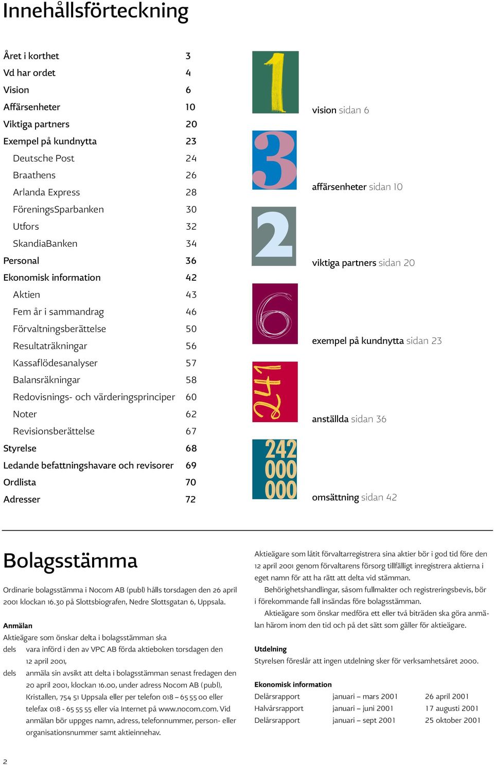 och värderingsprinciper 60 Noter 62 Revisionsberättelse 67 Styrelse 68 Ledande befattningshavare och revisorer 69 Ordlista 70 Adresser 72 vision sidan 6 affärsenheter sidan 10 viktiga partners sidan