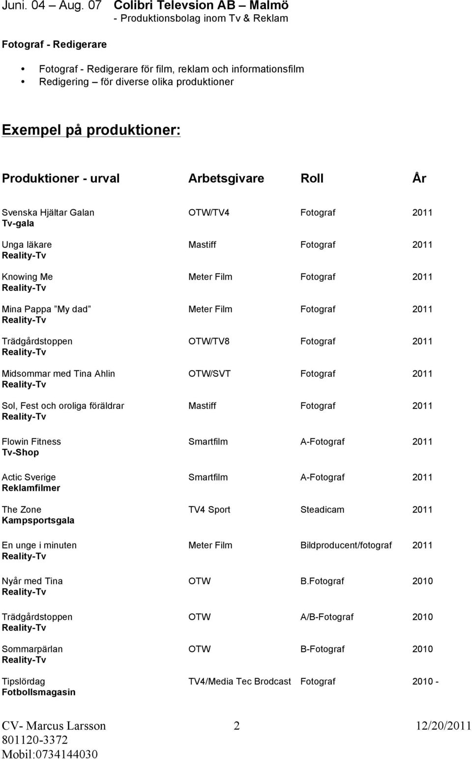 på produktioner: Produktioner - urval Arbetsgivare Roll År Svenska Hjältar Galan OTW/TV4 Fotograf 2011 Tv-gala Unga läkare Mastiff Fotograf 2011 Knowing Me Meter Film Fotograf 2011 Mina Pappa My dad