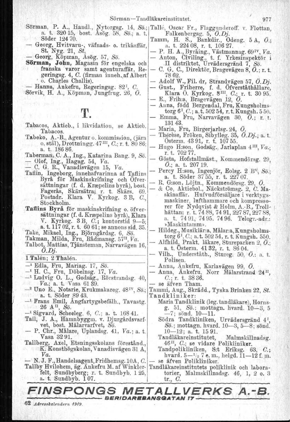 57, So. - Anton, Civiling., t. f. Yrkesinspektör i Sörman, ;ToJ:1n,Magasin för engelska och.ii distriktet, Urvädersgränd 7, So. I franska 'varorsamt agenturaffär. Re- - C. G. C., Direktör, Bragevägen 8, O.